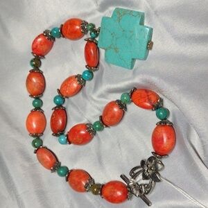 Turquoise Red Coral Cross Necklace boho southwestern